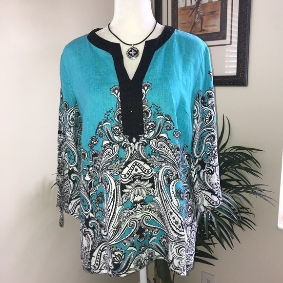 JM Collection Tops - JM Collection Linen 3/4 Drawstring Sleeve Tunic Top M Blue Black White